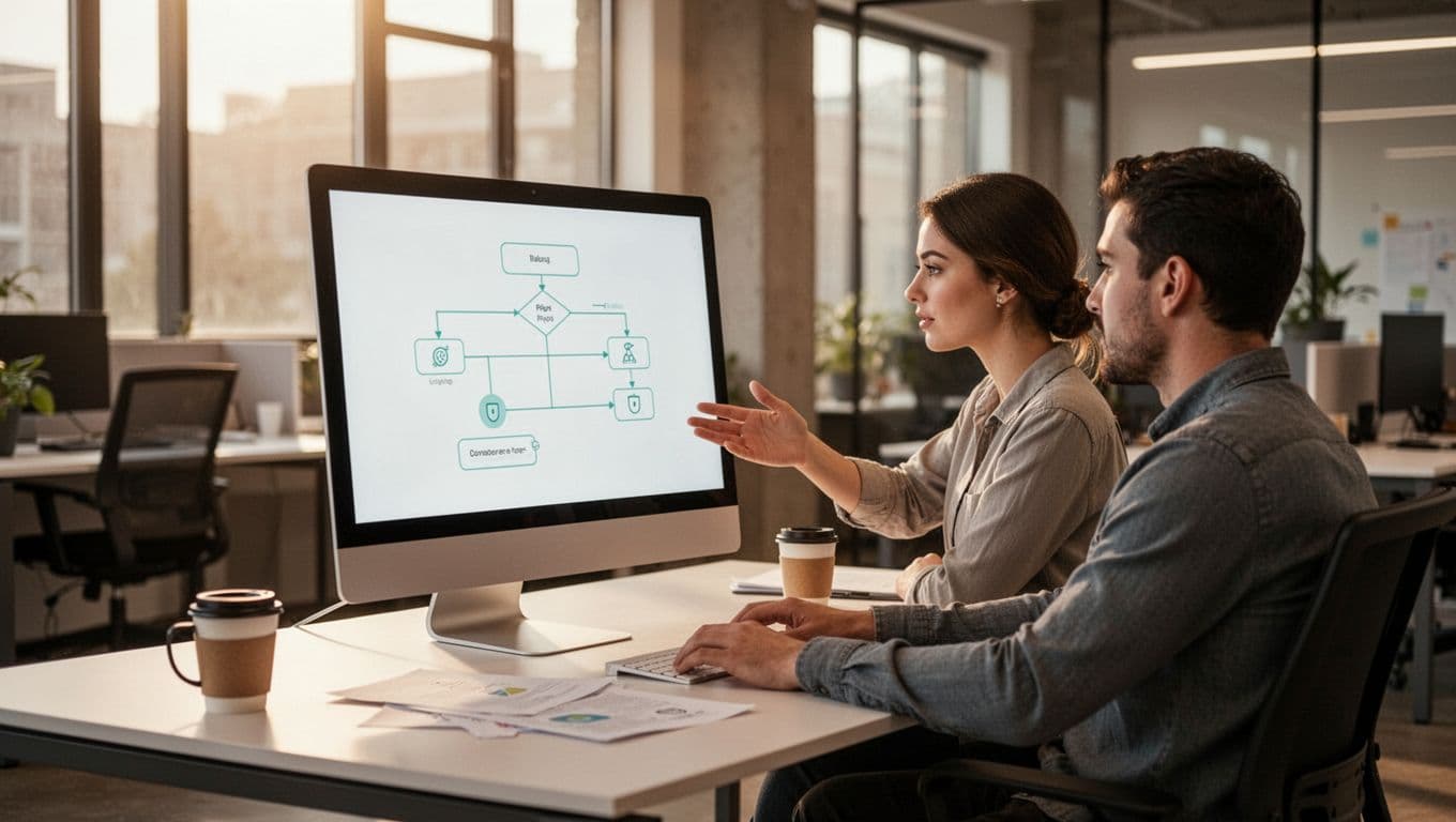 Two customer support agents in modern office review shared screen with green-accented flowchart, coffee and notes on table.