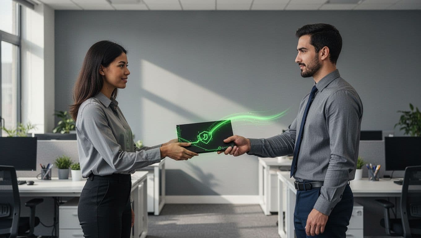 Side-view illustration shows support member handing ticket to IT security colleague in office, with green flowchart arrows.