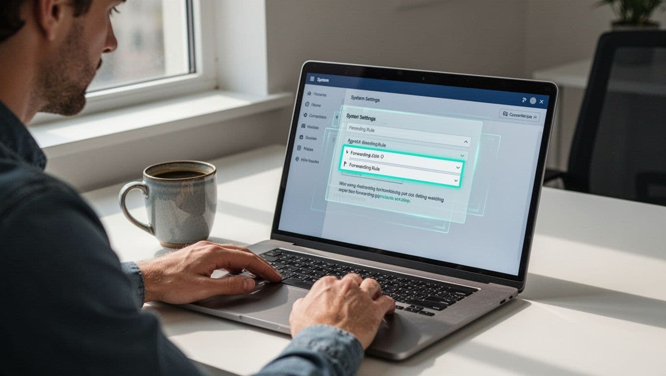 Person at desk views laptop showing email admin settings with suspicious inbox forwarding rule to external domain and subtle warning overlay.