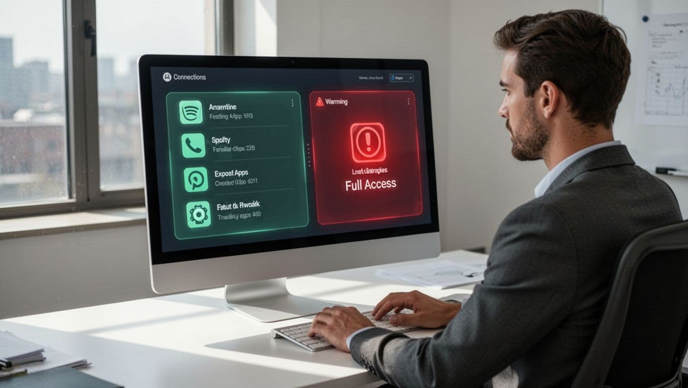 Split-view email admin console shows green trusted apps and red-highlighted rogue OAuth app with full access; focused analyst views screen.