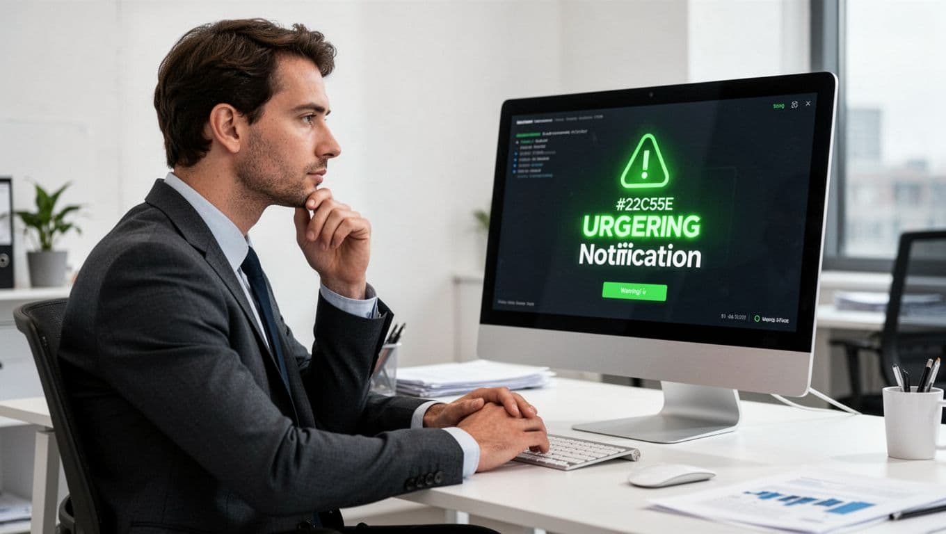 Finance professional at office desk pauses, scrutinizing urgent fake vendor bank change email on computer screen.