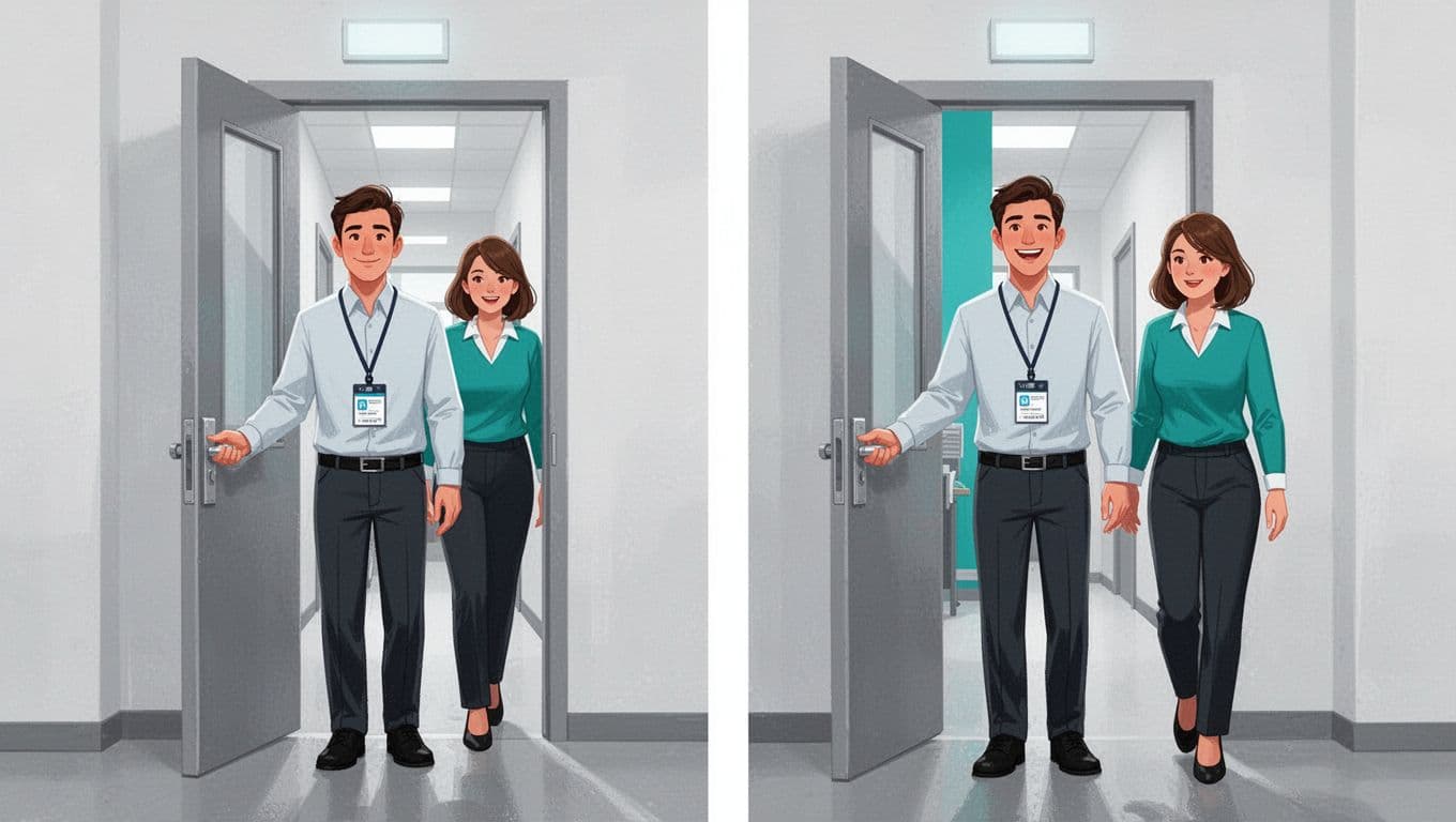 Side-by-side office door scenes: left shows unbadged person tailgating behind employee; right shows employee holding door for stranger.