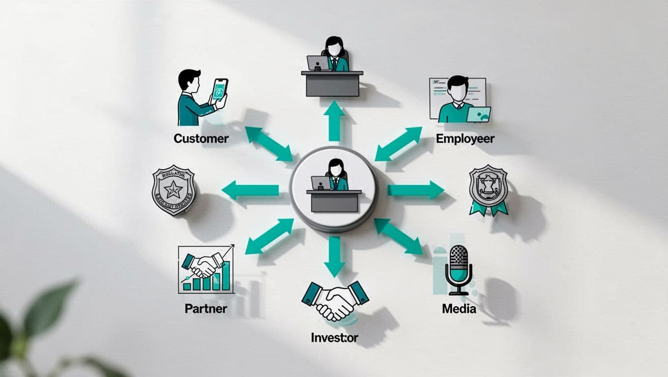 Central hub directs green-accented arrows to six stakeholder icons: customer phone, employee desk, regulator badge, partner handshake, investor graph, media microphone.
