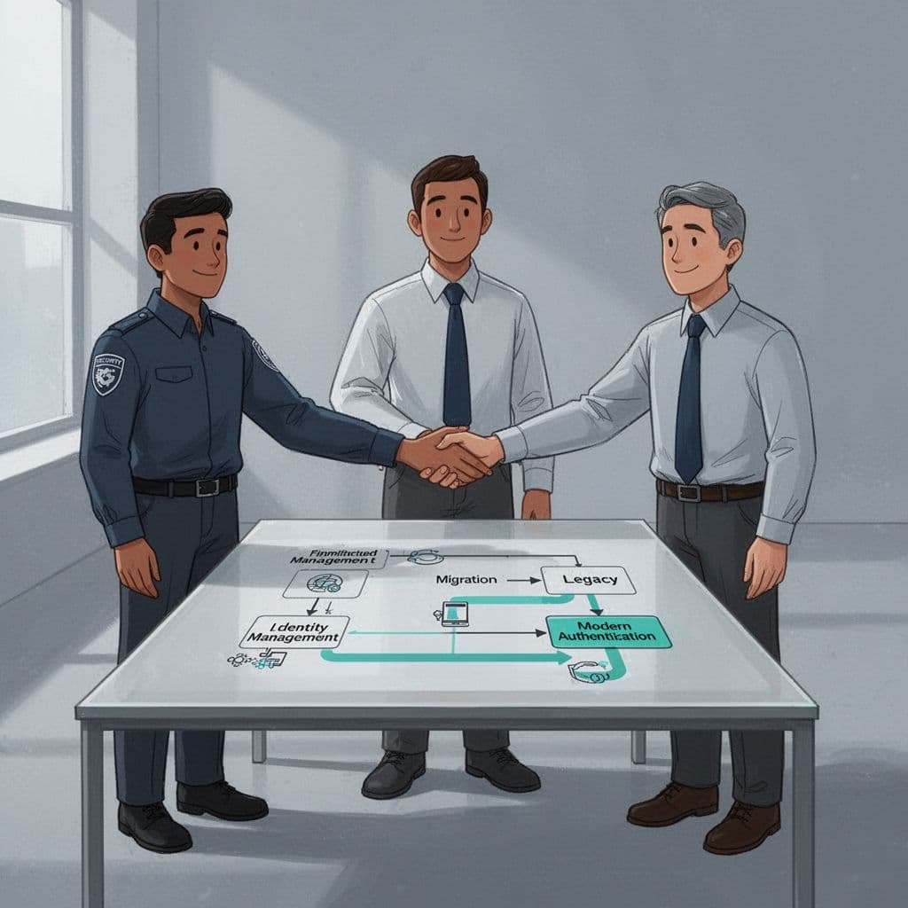 Three professionals around table view legacy-to-modern auth flowchart with handshakes and green success accents.