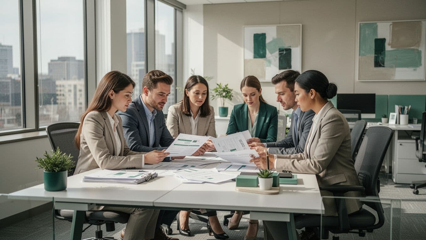 A focused team works together in a bright, modern office to organize documentation and audit materials.