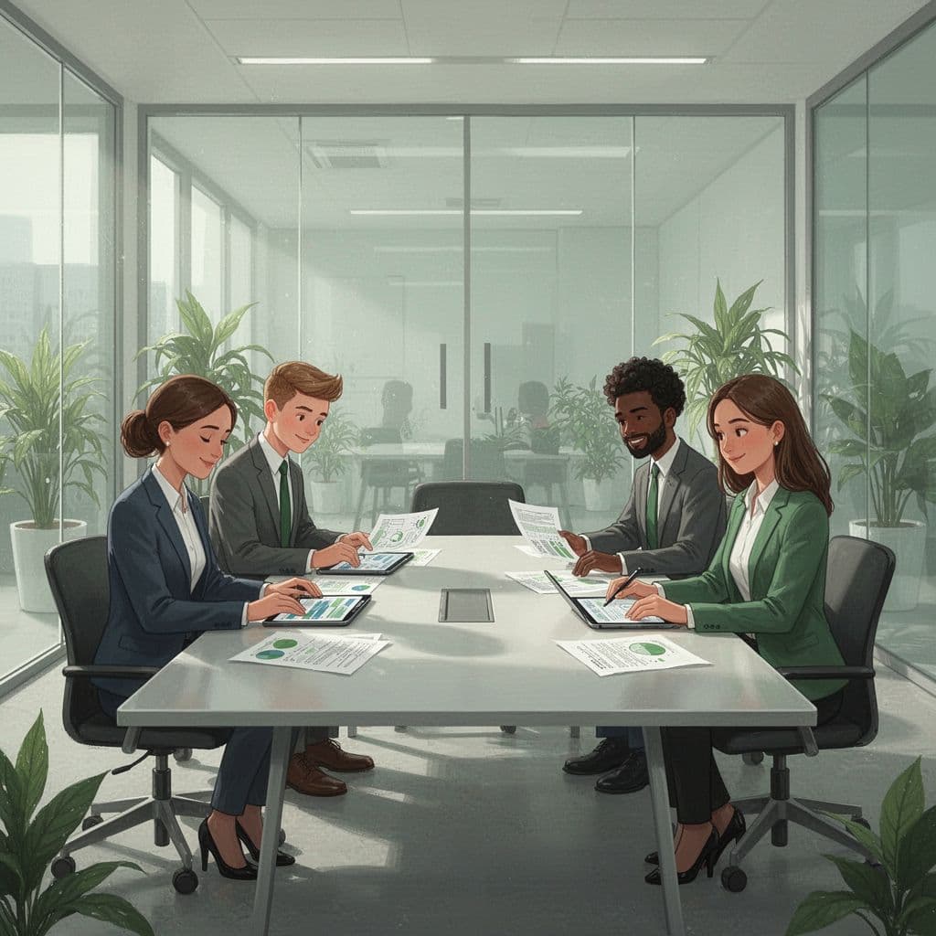 Four diverse professionals collaborate around a table with digital tablets and notebooks in a bright office.
