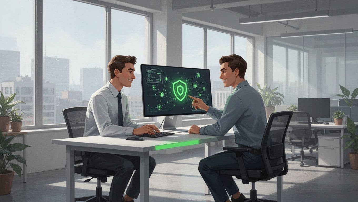 Stylized office workers gather in a bright, modern space to discuss digital security with subtle green icons.