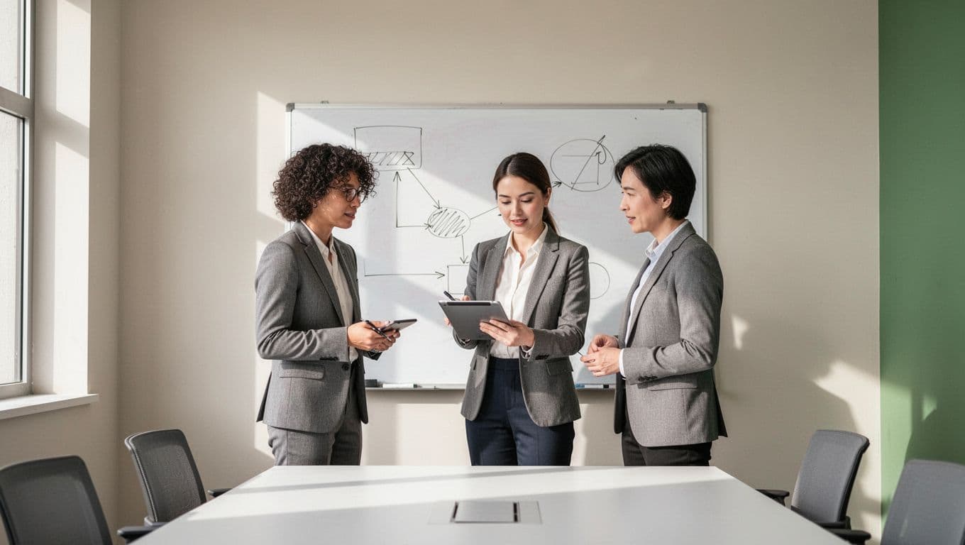 Three professionals review a whiteboard diagram in a minimalist office to evaluate operational fit.