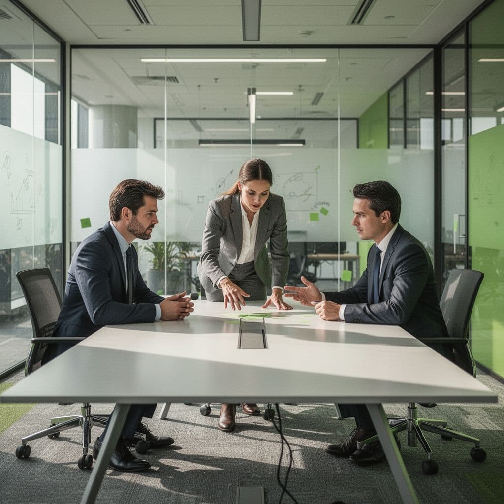 A diverse group of professionals gathers around a table to discuss strategy with highlighted green accents.