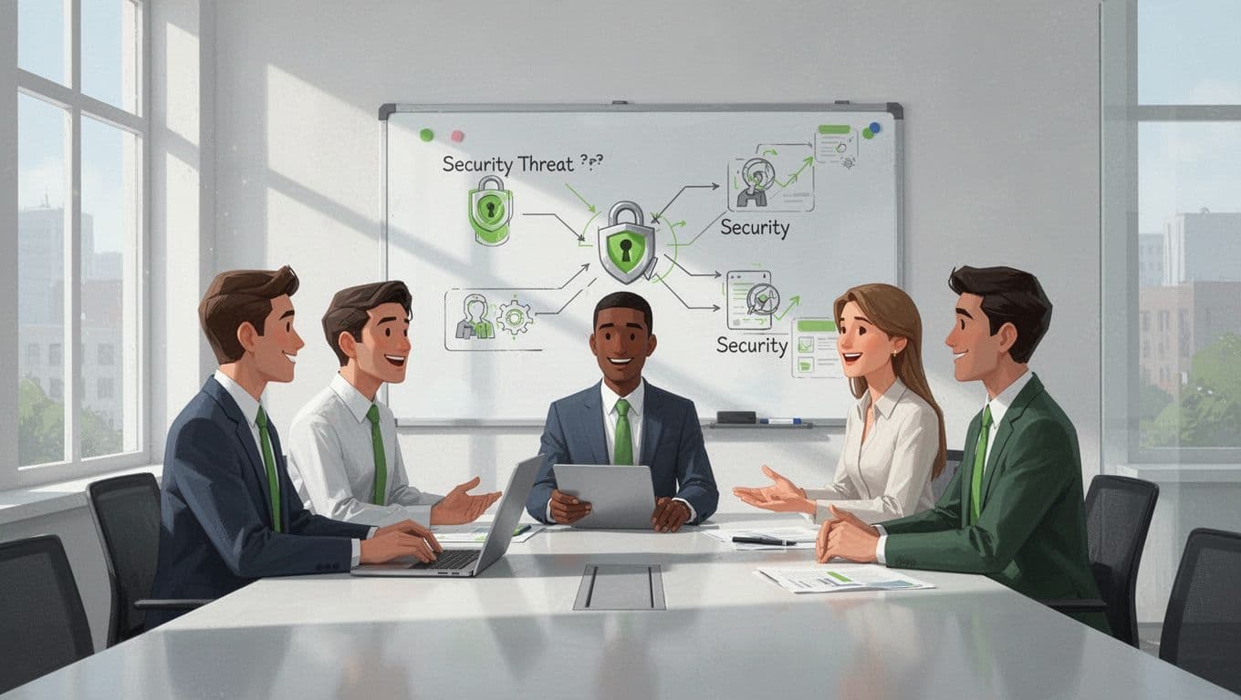 Three professionals discuss security diagrams in front of a whiteboard in a modern office space.