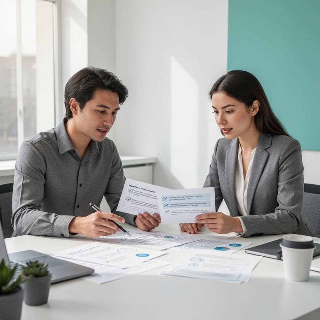 Two professionals review feedback together in a modern, clean workspace with green color accents.