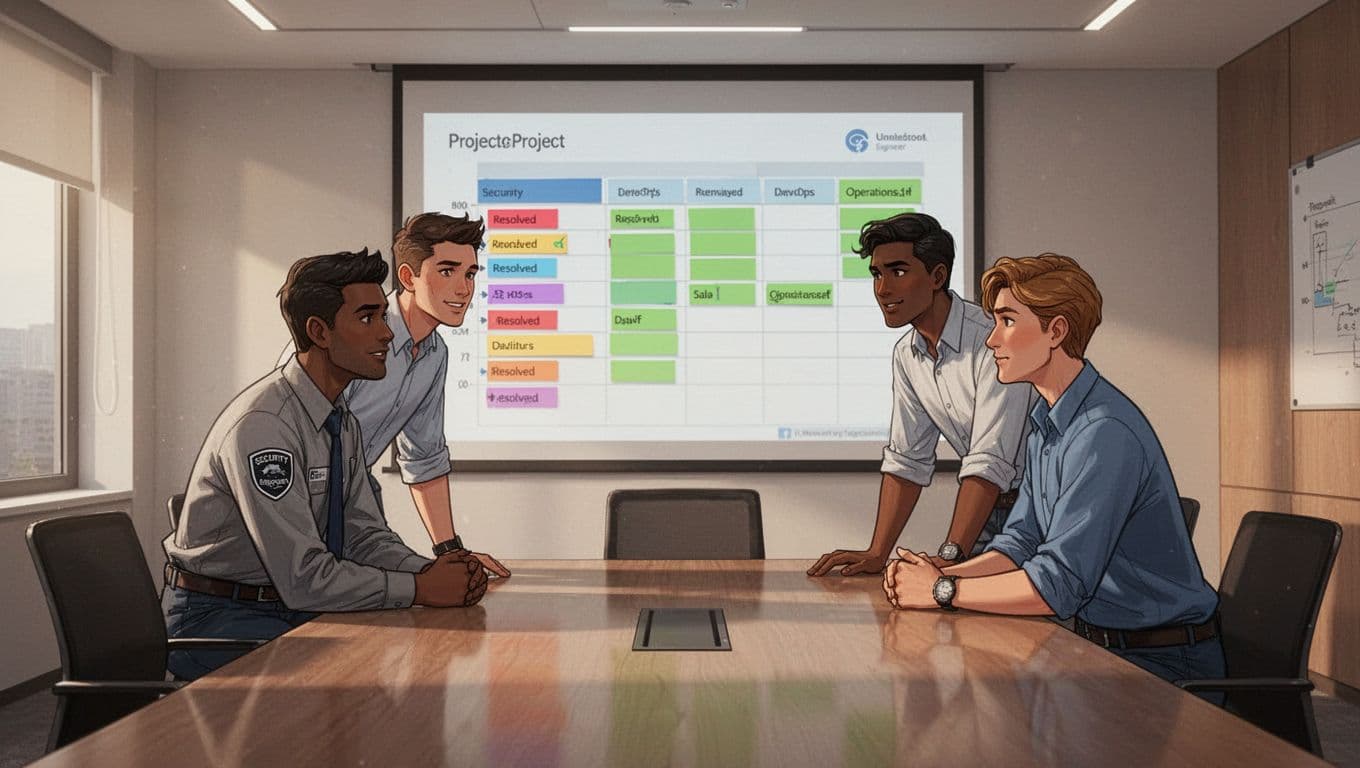 Three professionals around conference table discuss projected Jira board with CTEM tickets, green highlights on resolved issues.