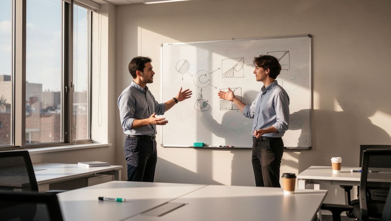 Two professionals stand before a whiteboard displaying abstract project diagrams in a bright, modern office setting.