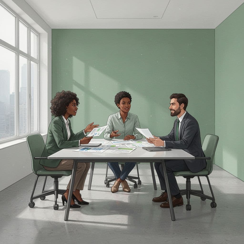 Three diverse colleagues collaborate in a modern, minimalist meeting room with green accents.