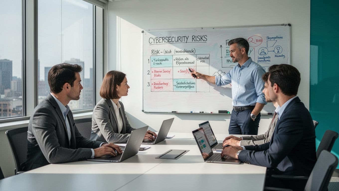 Three team members in conference room review cybersecurity risks on whiteboard and laptops, leader pointing at chart.