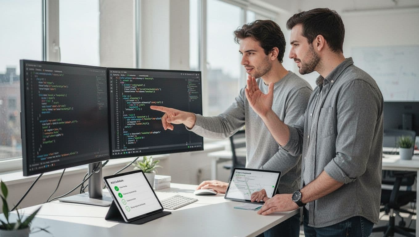 Three developers in bright office review code on dual monitors and tablet checklist; one points, others nod.