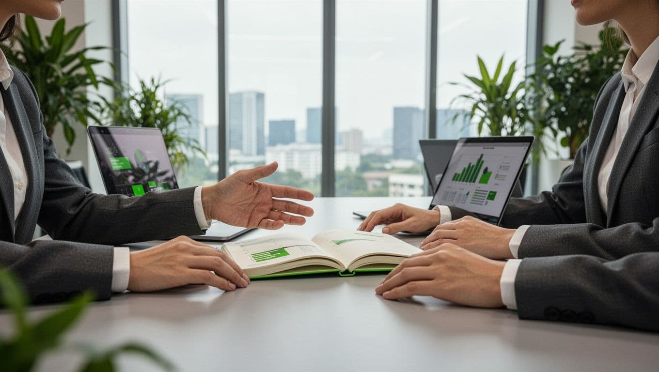 Two colleagues at a table with laptops discuss notebook notes on disengagement signs in a modern office.