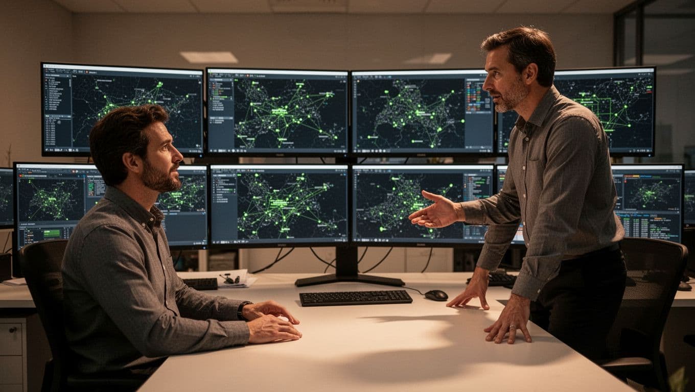Two professionals review dashboards in a control room; screens show network maps and green alerts, hands relaxed on desk.