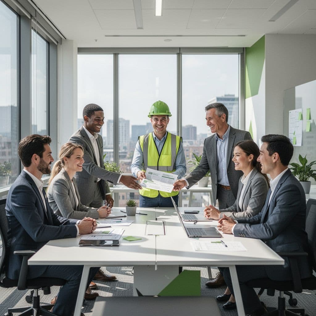 A diverse team works together in a modern office, welcoming a new member into their collaborative space.