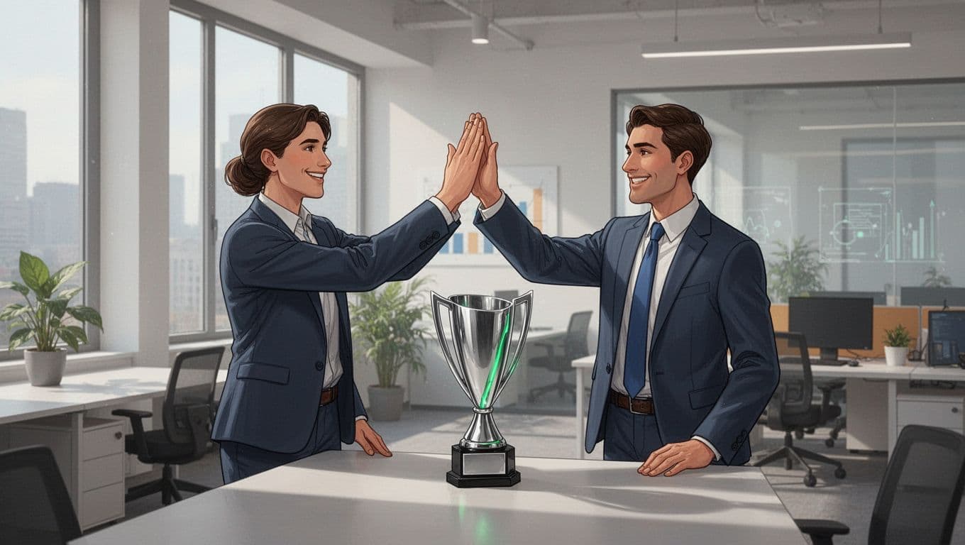 Manager and analyst high-five over green-accented trophy in modern office.