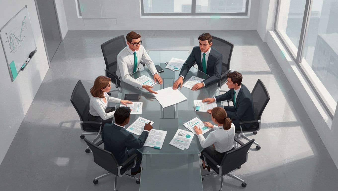 Four people in conference room discuss documents on table; one points to checklist.