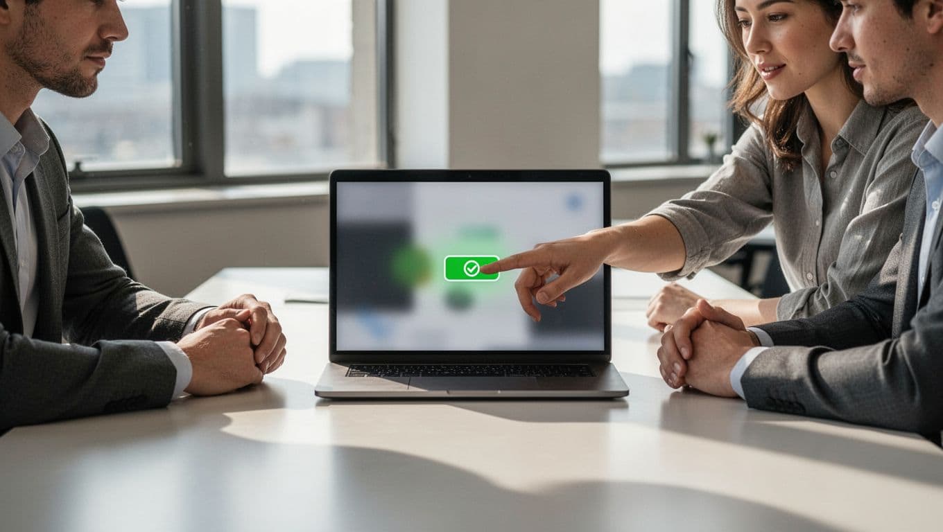 Three people around office table review laptop's blurred feature flag dashboard; one points to approval button.