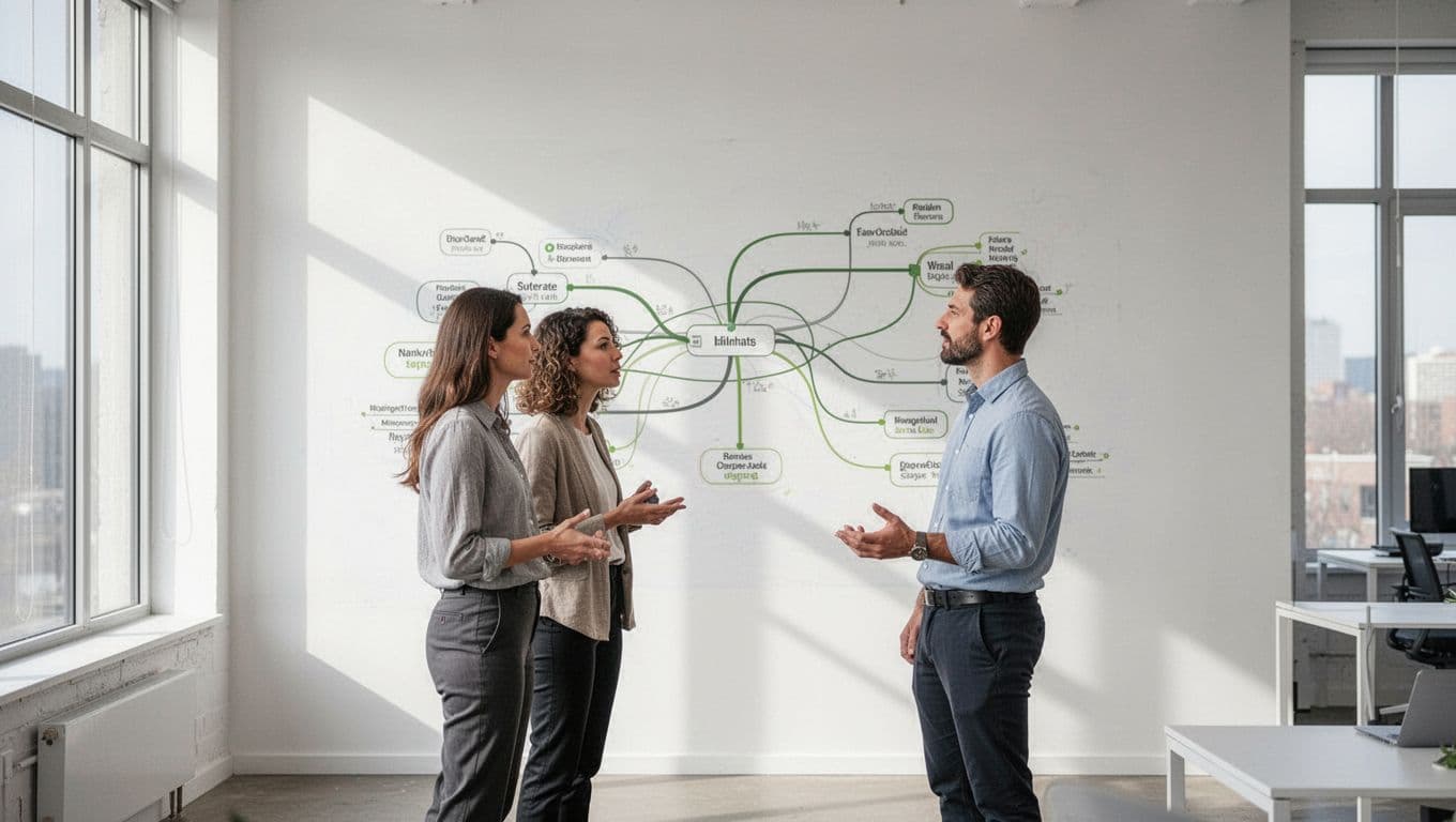Two professionals stand near a large wall flowchart with green accents on white background.