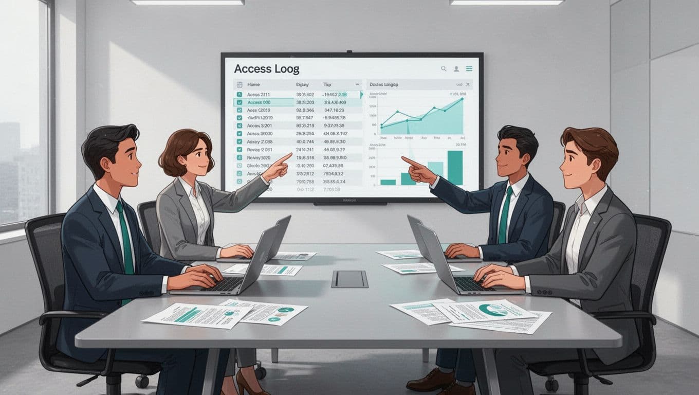 Three people around conference table with laptops and documents point at access log charts on screen.