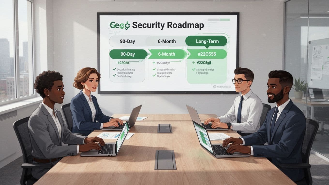 Diverse team of four engineers and security professionals around conference table views digital roadmap on screen showing 90-day, 6-month, and long-term phases.