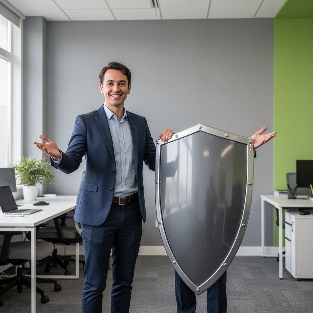 A person stands confidently next to a protective shield in a modern office space.