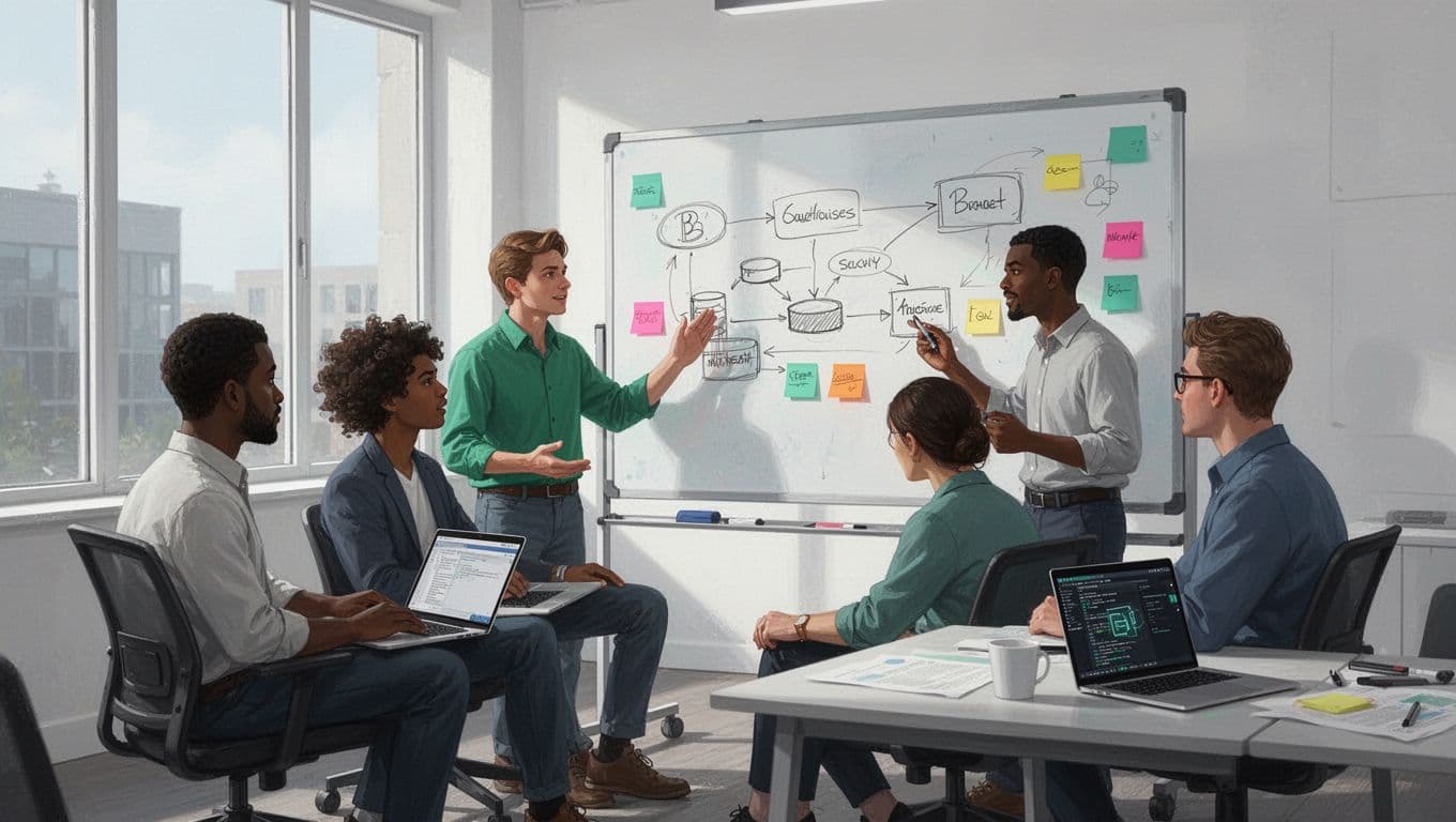 Four developers and security engineer sketch data flow diagrams on whiteboard amid sticky notes and laptops in conference room.