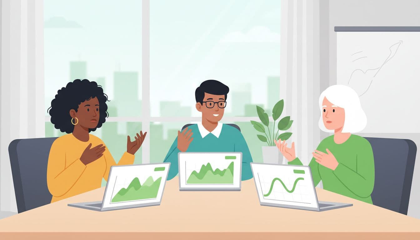Three diverse tech professionals collaborate around a table with laptops displaying green vendor risk dashboards in a windowed conference room.