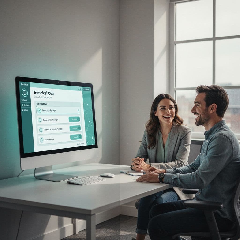 A split illustration showing a glowing technical quiz screen opposite two people engaged in conversation.