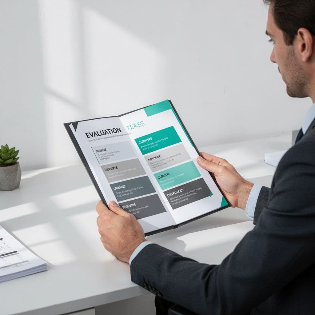 A clean illustration features a structured evaluation rubric document with green accents on a white background.