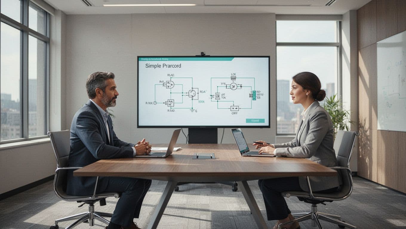 Engineering leader and candidate discuss hardware diagrams on shared screen in conference room.