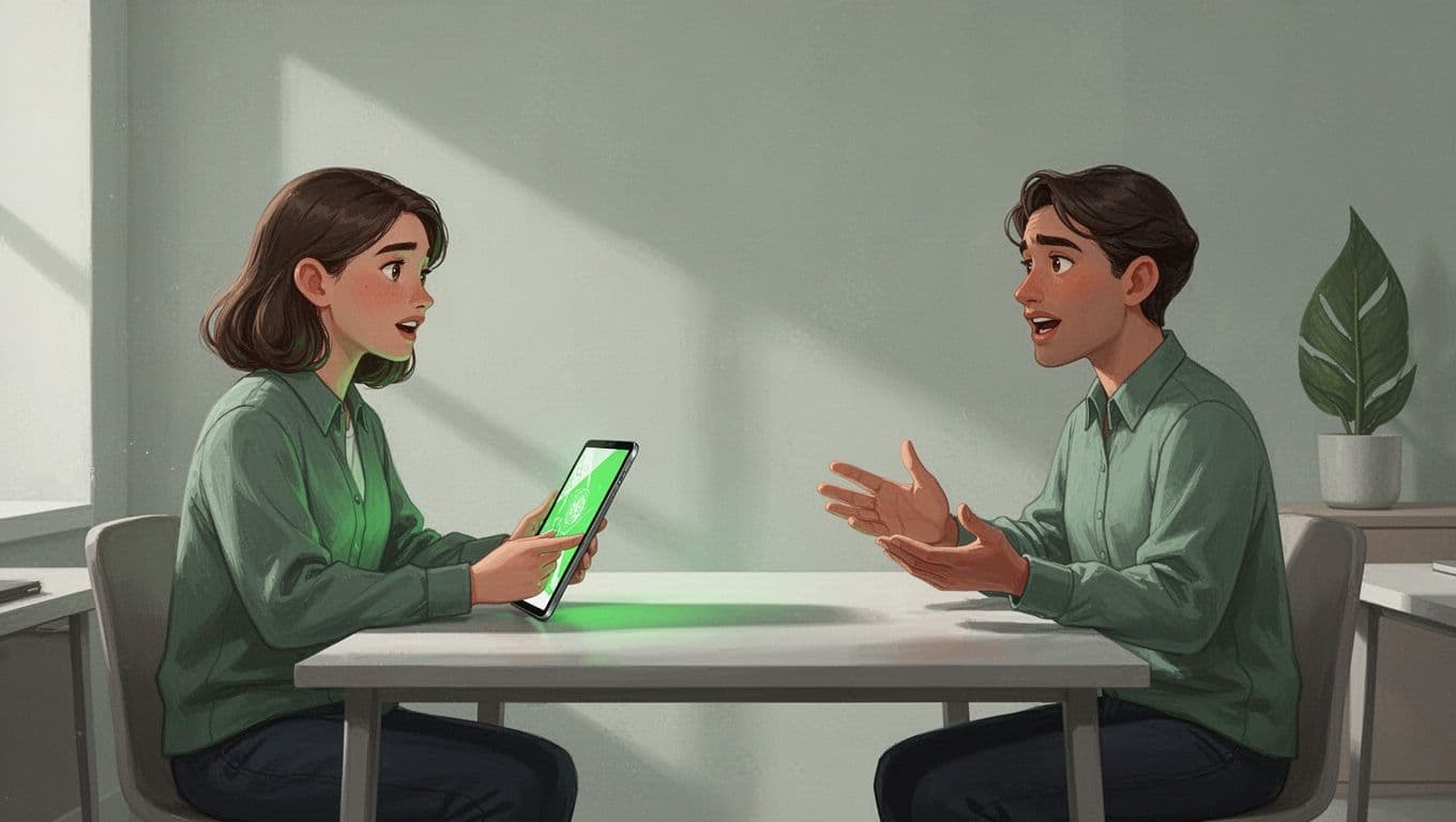 Two professionals sit across from each other at a desk discussing a tablet device.