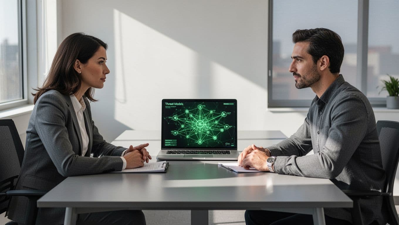Hiring manager and engineer discuss threat models at a table with laptop showing identity attack paths in office.