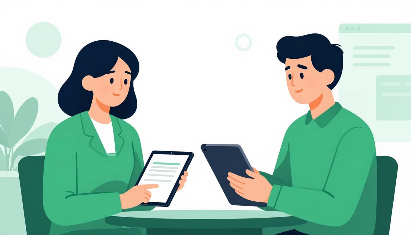 A professional interviewer uses a tablet to conduct a job interview with a candidate in an office.