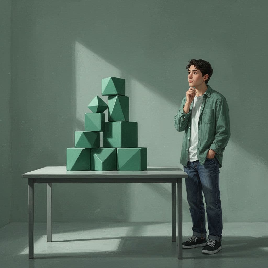 A person observes a stack of digital security blocks representing accumulating technical debt on a desk.
