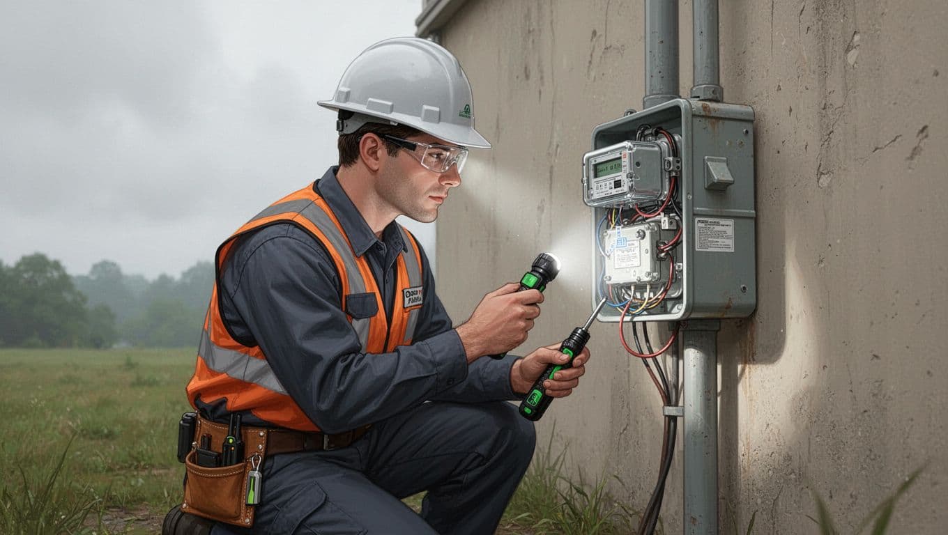 Field technician in safety gear kneels beside wall-mounted utility meter, examining seals and wires with flashlight.