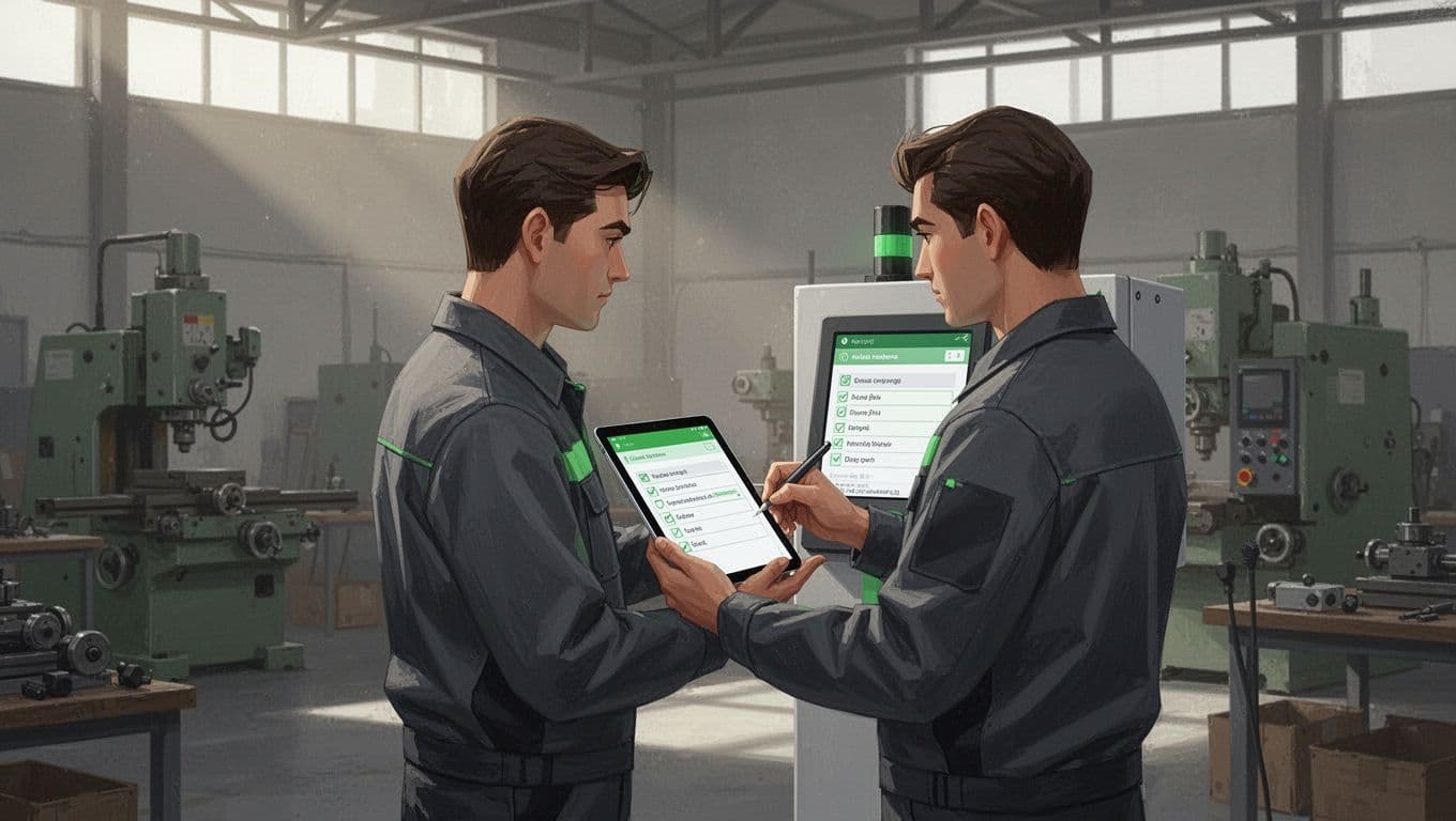 A technician holds a tablet while inspecting industrial machinery in a clean, modern workspace.