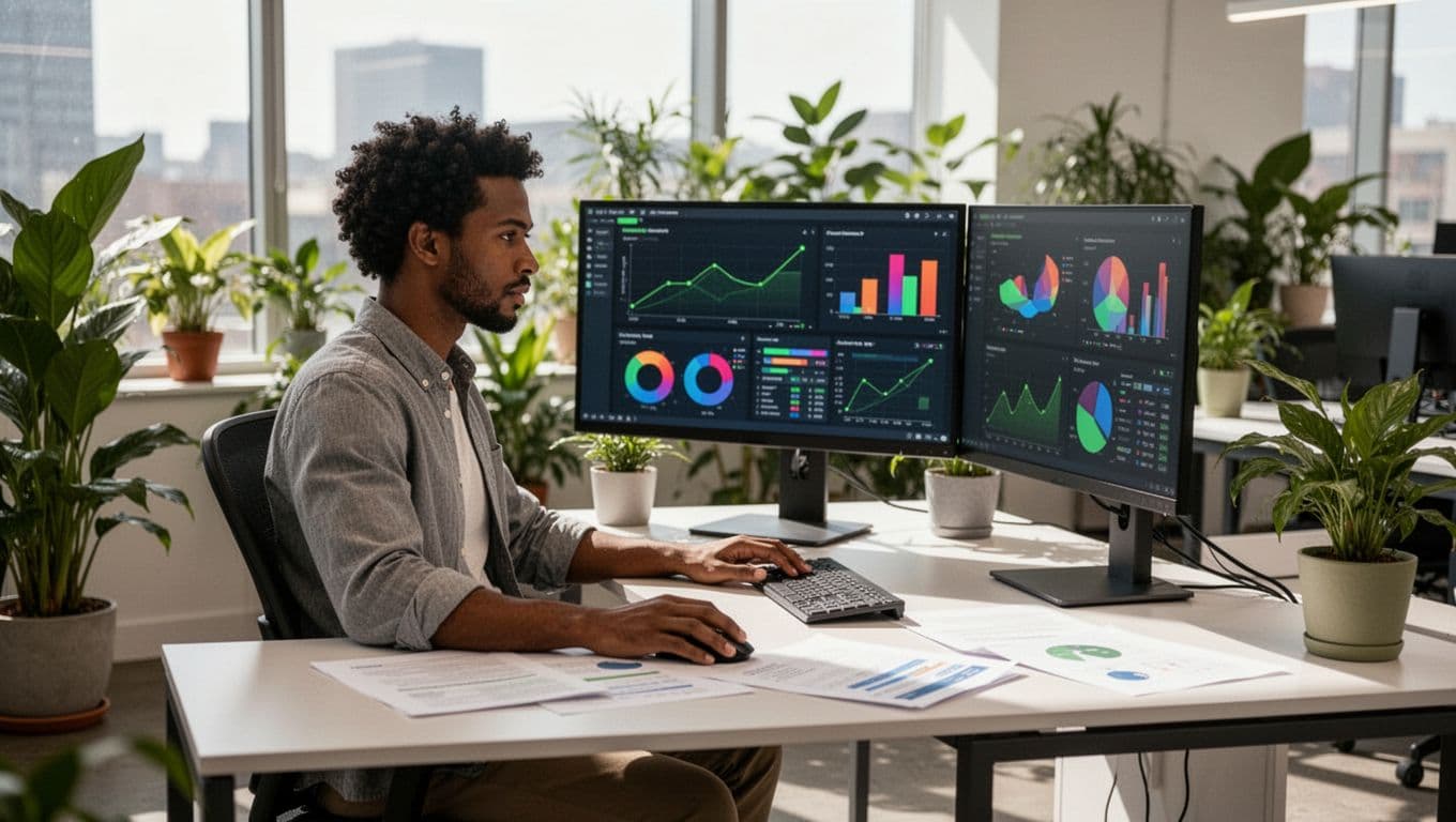 Mid-30s diverse analyst at modern desk with dual screens showing vendor risk charts, hand on mouse, reviewing documents in bright plant-filled office.