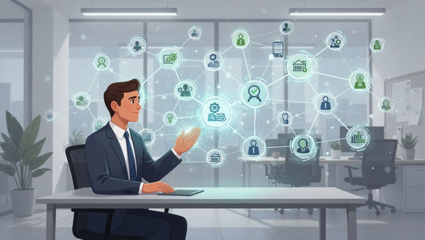 A professional examines a digital map of interconnected nodes representing a company's external business vendors.