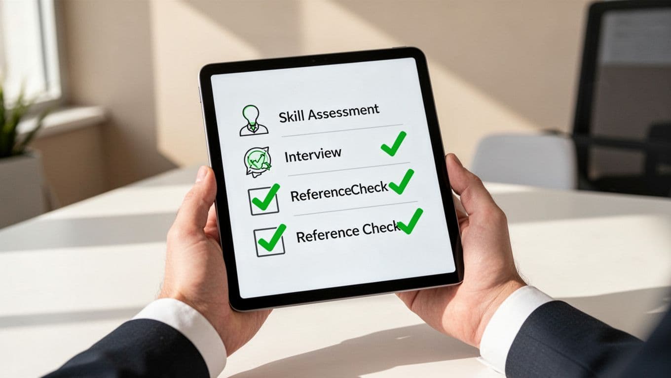 Hand holds digital tablet showing Skills Check and hiring icons with green checkmarks.
