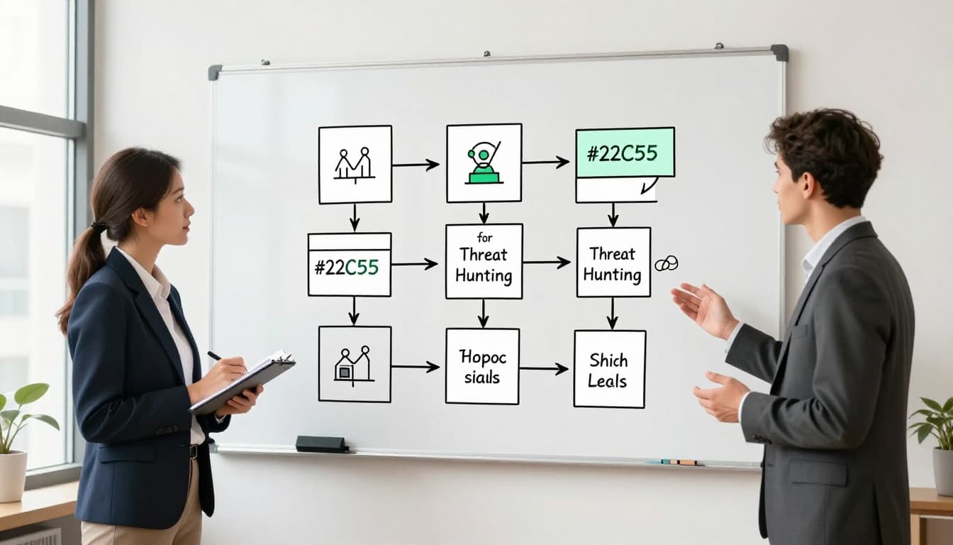 Interviewer in suit holds notepad as candidate gestures at whiteboard network diagram with green threat vectors.