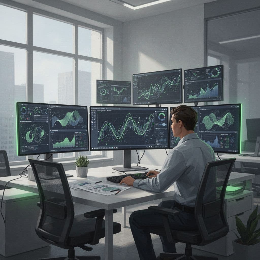 A professional analyst sits at a desk viewing complex data patterns on multiple computer monitors.