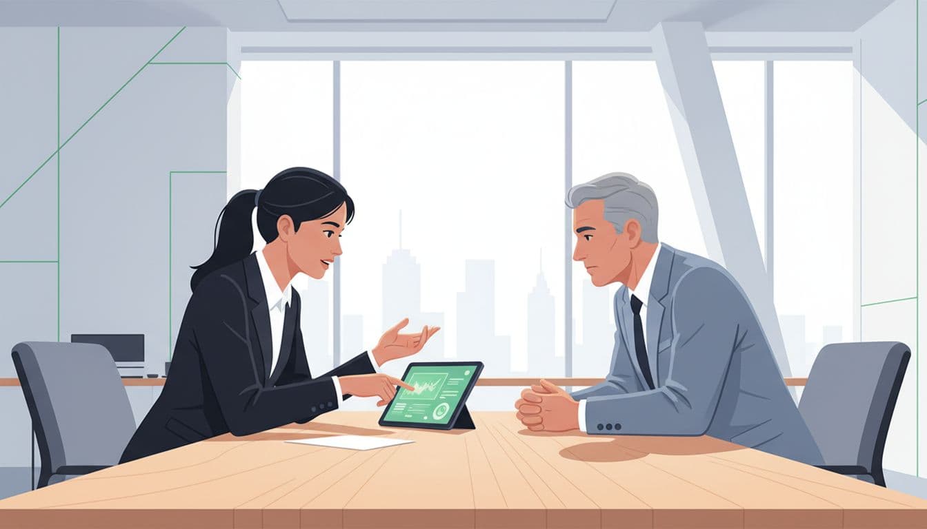 An analyst reviews data on a tablet with a corporate executive in a modern office.