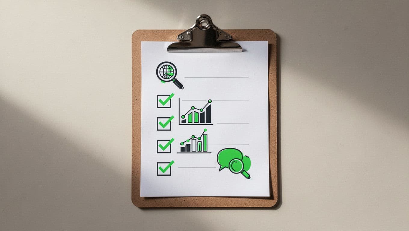 A digital clipboard icon features a checklist with research, analysis, and communication symbols in vibrant green.