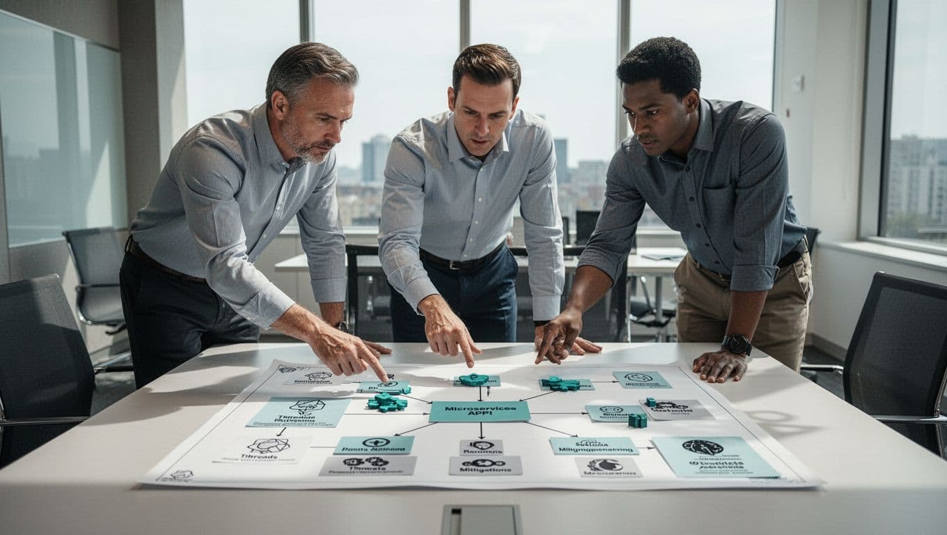 Three professionals point at microservices API diagrams and green threat tokens on a conference table.