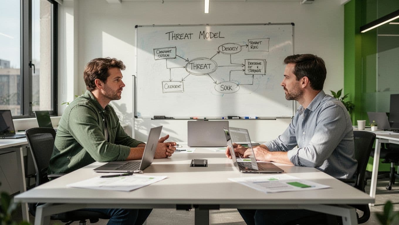 Four engineering managers discuss threat models on a whiteboard around a table with laptops and notes in a modern office.